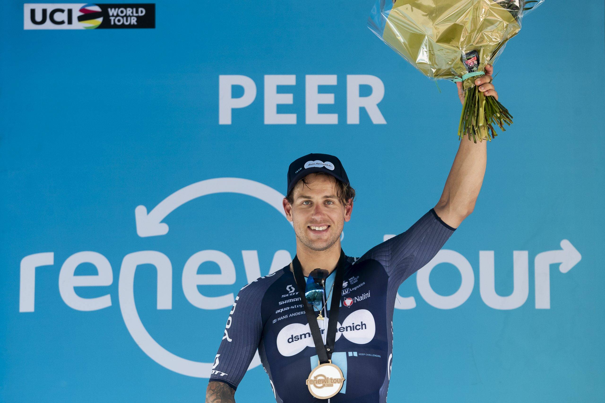 Australian Sam Welsford of Team DSM pictured on the podium after winning stage 4 of the Renewi cycling tour, from Beringen to Peer (179,4km), Saturday 26 August 2023. The Renewi cycling tour takes place from 23 to 27 August. BELGA PHOTO KRISTOF VAN ACCOM