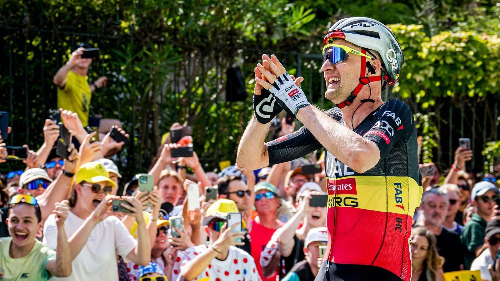 Belgian Tim Wellens of UAE Team Emirates-XRG celebrates as he crosses the finish line to win stage 15 of the 2025 Tour de France cycling race, from Muret to Carcasonne (169 km), on Sunday 20 July 2025 in France. The 112th edition of the Tour de France starts on Saturday 5 July in Lille, France, and will finish in Paris, France on the 27th of July. BELGA PHOTO JASPER JACOBS